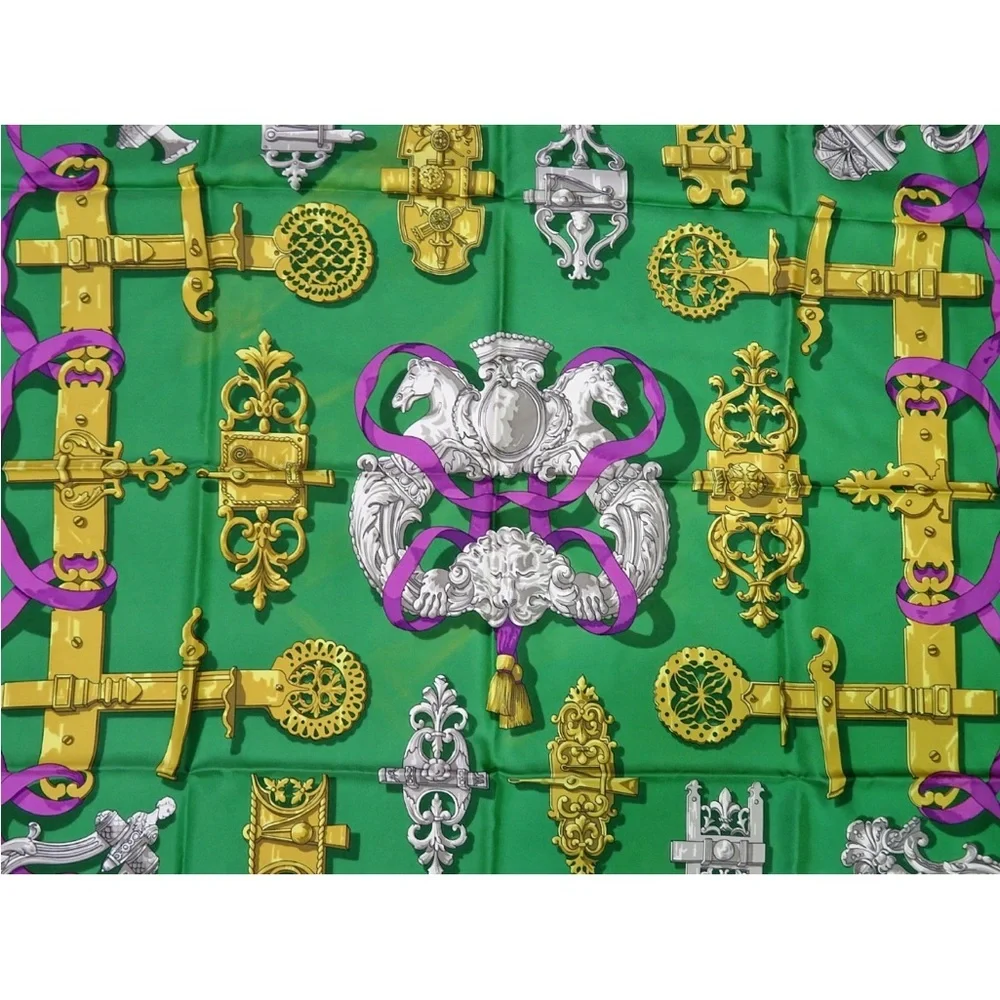 Hermes Green and Gold Scarf with Purple Accents - Picture 2 of 15